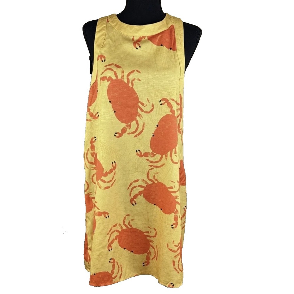 Gold Yellow Dress with Orange Crabs! Artsy Foodie Festival Whimsy Nautical sz S